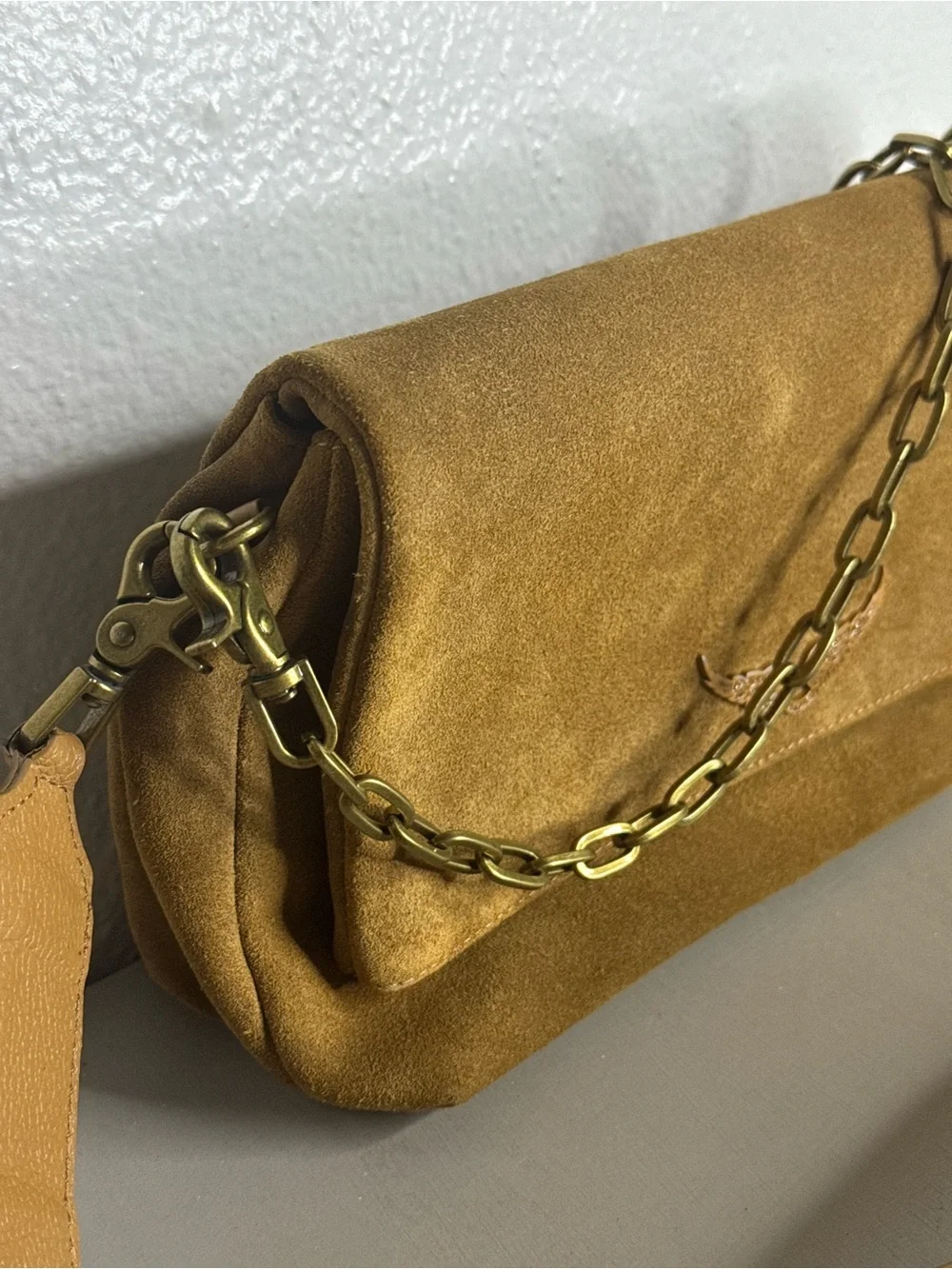 Zadig & Voltaire Rocky Suede Bag Tan Crossbody Clutch Gold Chain Calf Leather